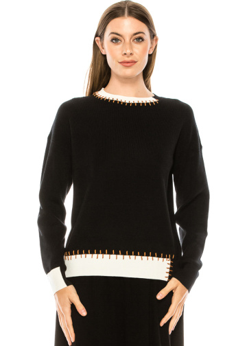 Crew neck black sweater with patch details