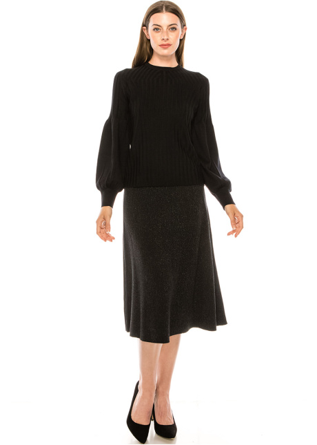 Bishop sleeves ribbed sweater in black