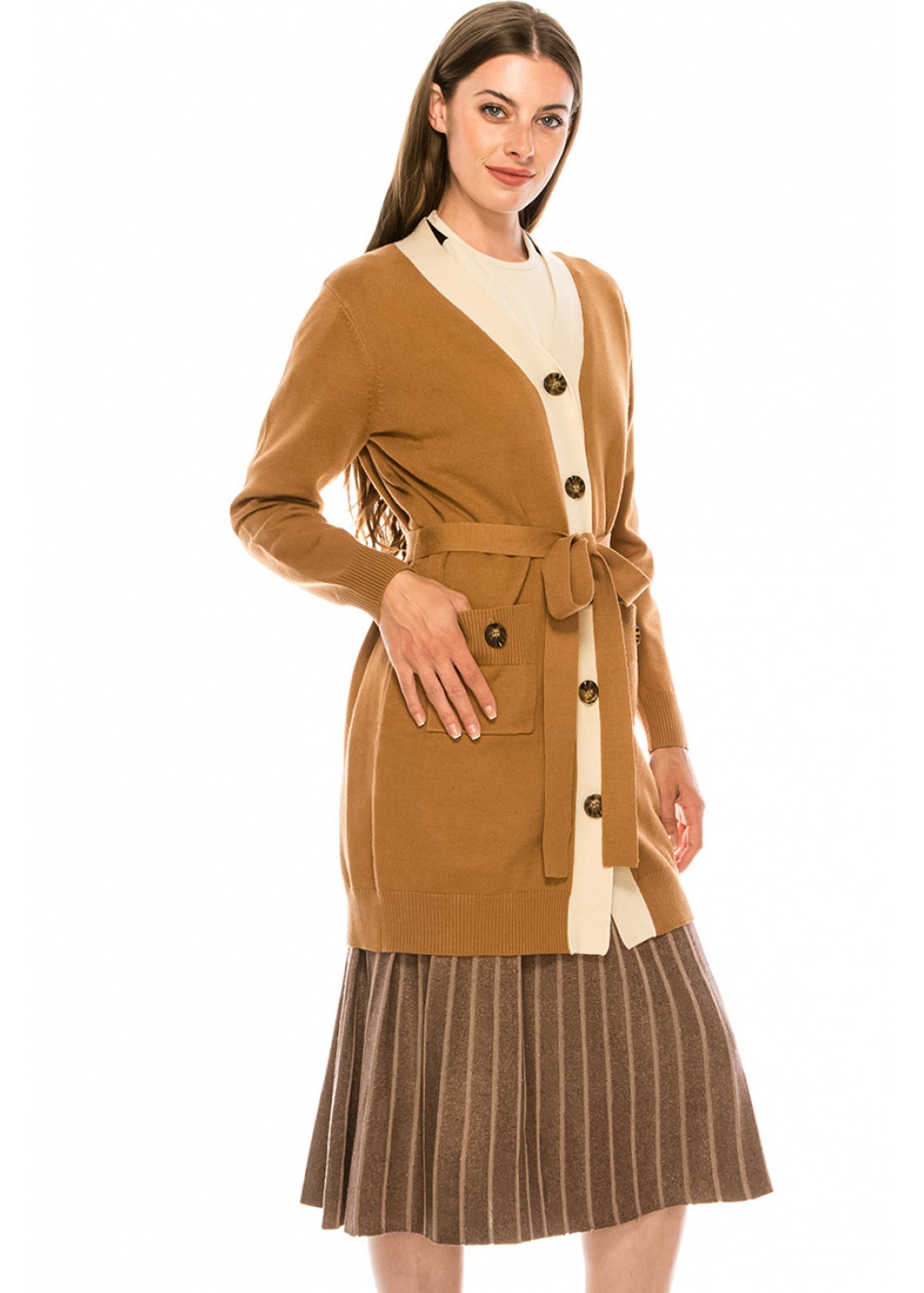 Elongated cardigan with pockets and belt