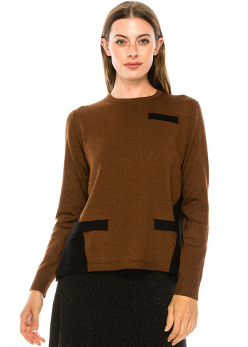 Crew neck color block sweater in rust