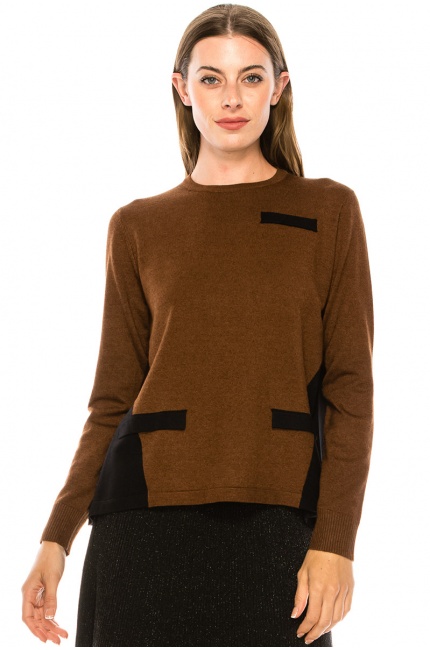 Crew neck color block sweater in rust