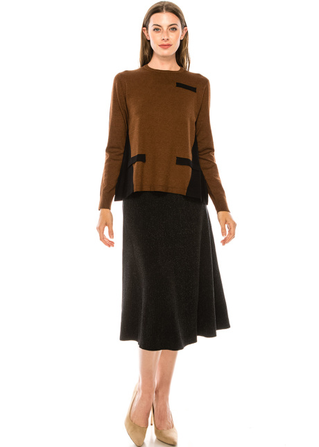 Crew neck color block sweater in rust