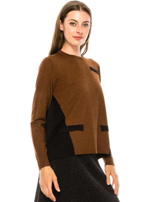 Crew neck color block sweater in rust
