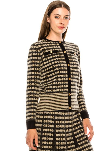 Button-through knitted cardigan in taupe and white