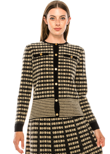 Button-through knitted cardigan in taupe and white