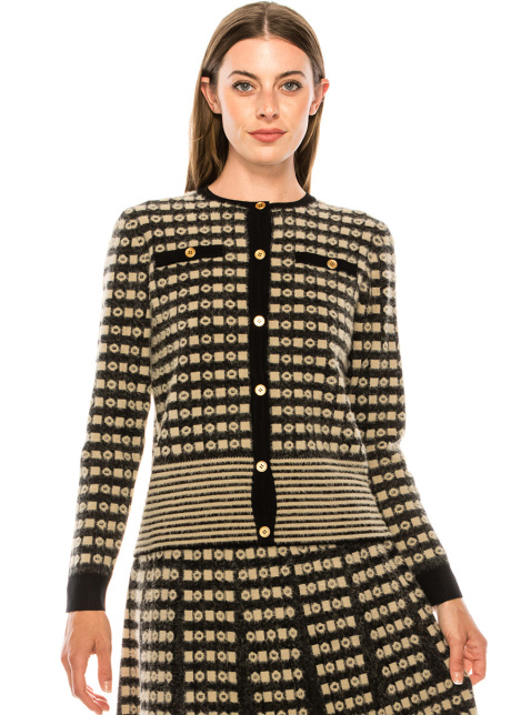 Button-through knitted cardigan in taupe and white