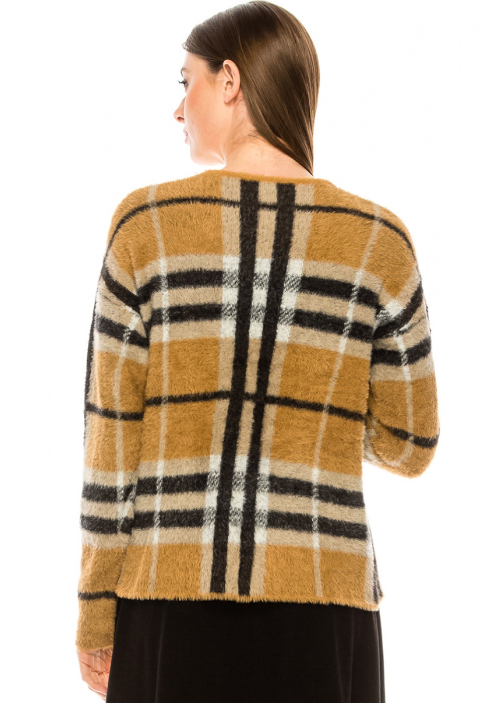 Crew neck plaid sweater in camel