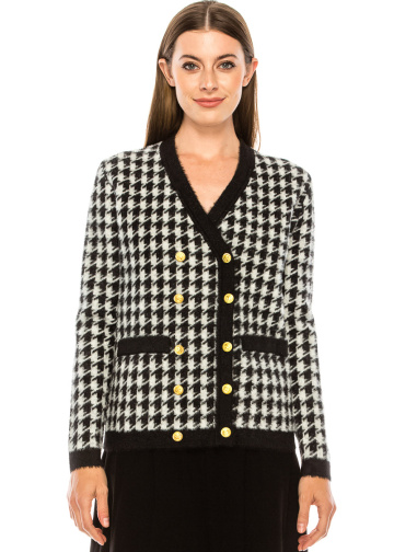 A houndstooth print cardigan with accent details