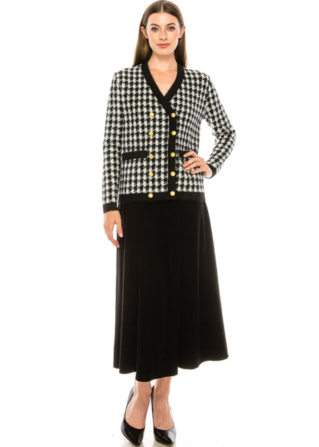 A houndstooth print cardigan with accent details