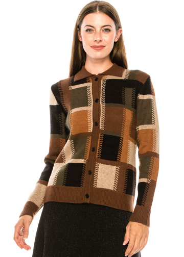 Checkered cardigan with shirt collar