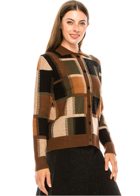 Checkered cardigan with shirt collar