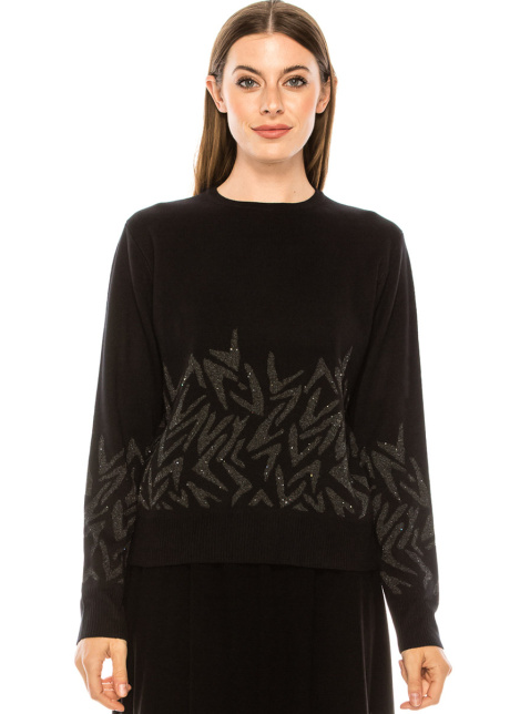Crew neck black sweater with shiny print