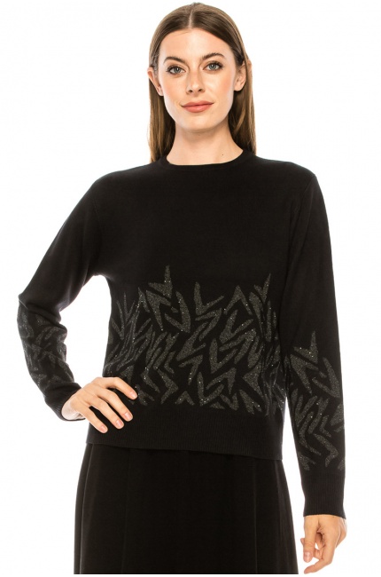 Crew neck black sweater with shiny print