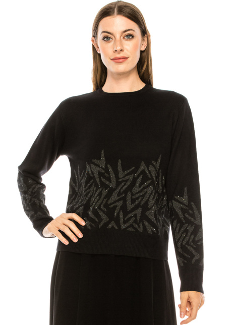 Crew neck black sweater with shiny print