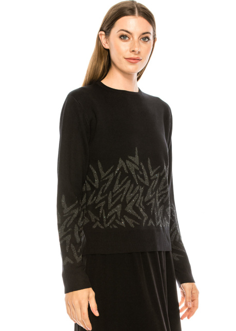 Crew neck black sweater with shiny print