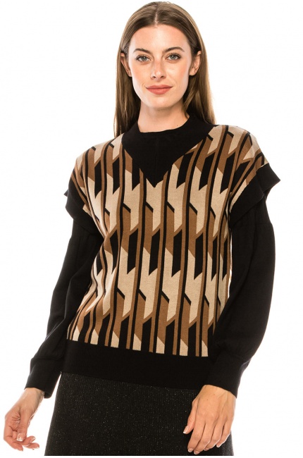 V-neck knitted vest in brown