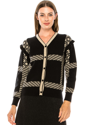 Frill-detail cardigan in black and cream