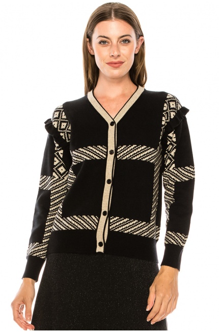 Frill-detail cardigan in black and cream