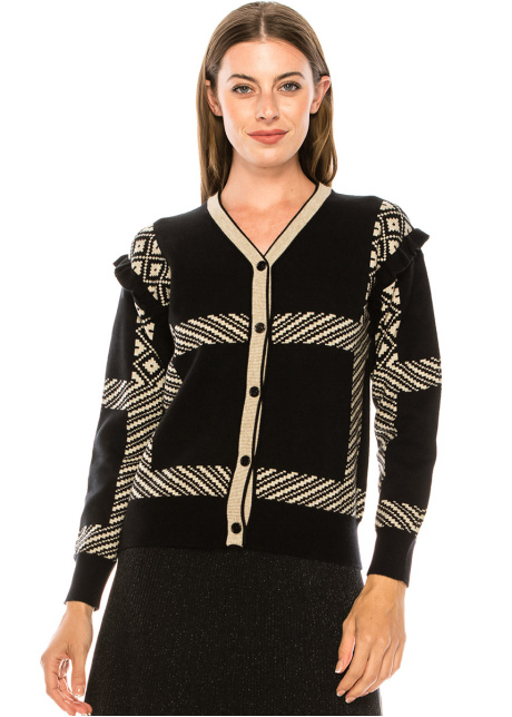 Frill-detail cardigan in black and cream