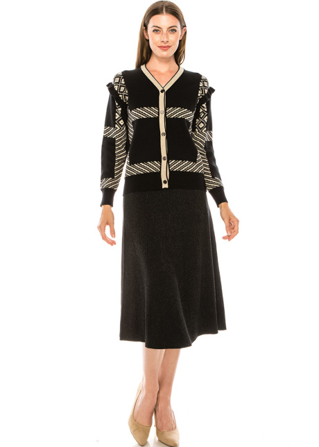 Frill-detail cardigan in black and cream