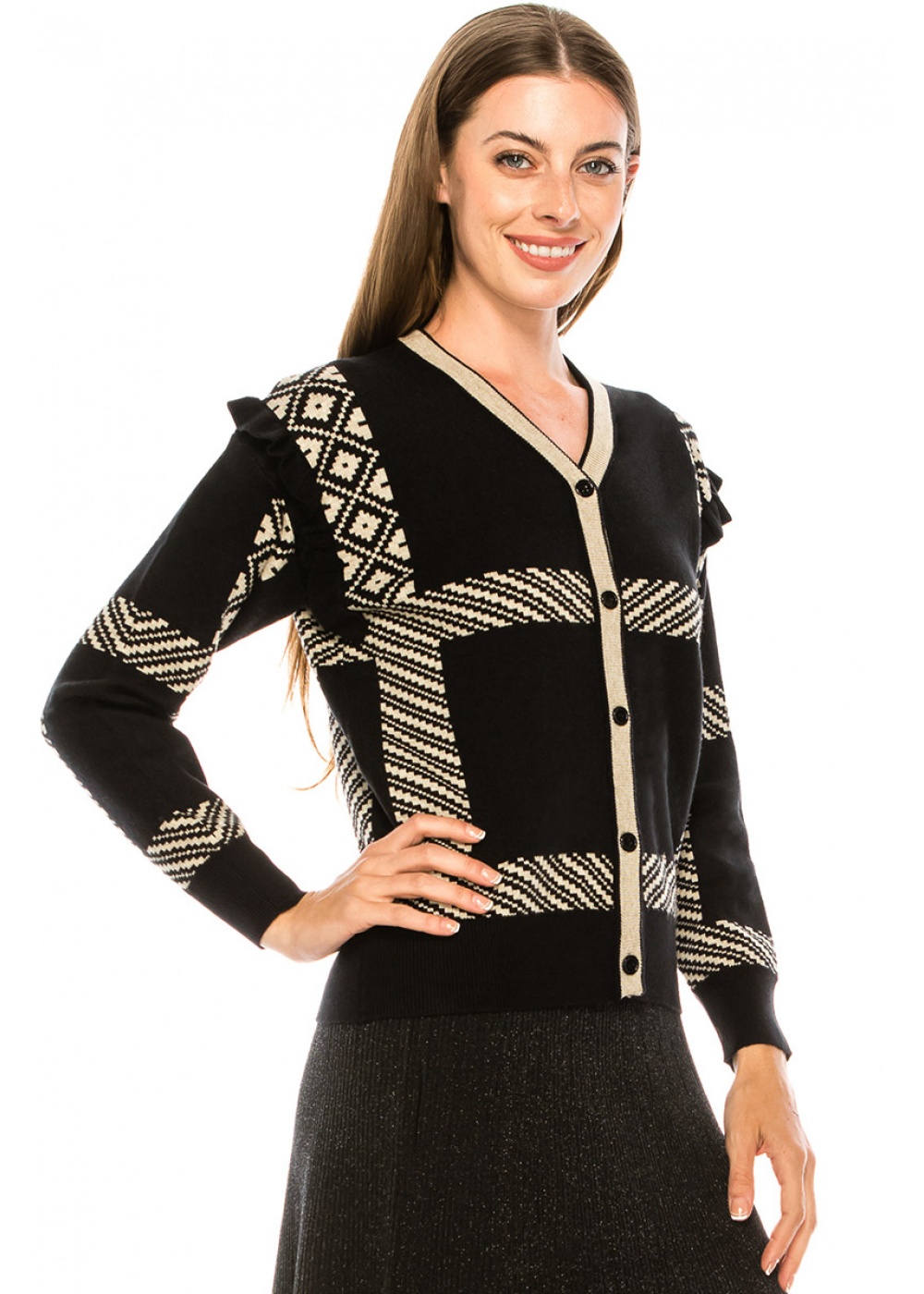 Frill-detail cardigan in black and cream