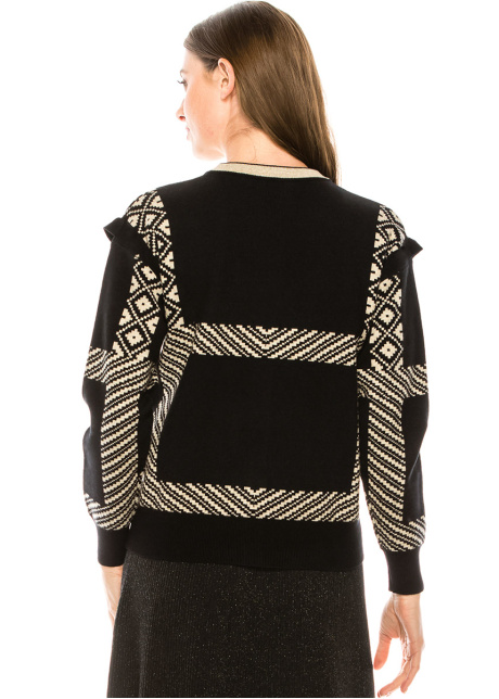 Frill-detail cardigan in black and cream