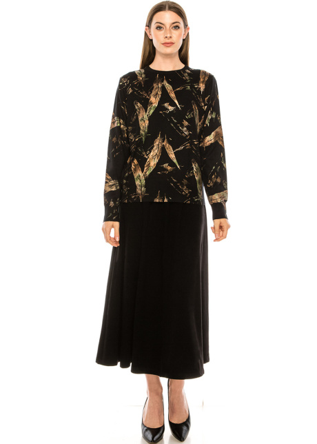 Feather print sweater in black, yellow & green