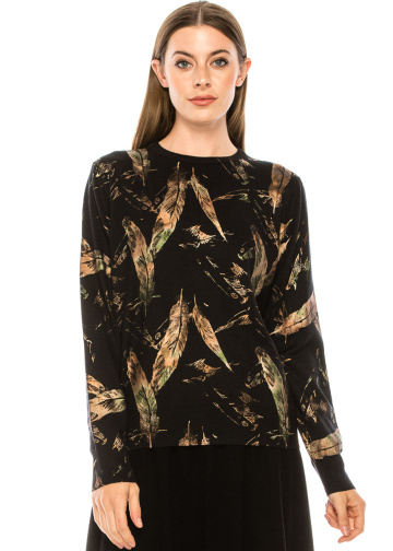 Feather print sweater in black, yellow & green