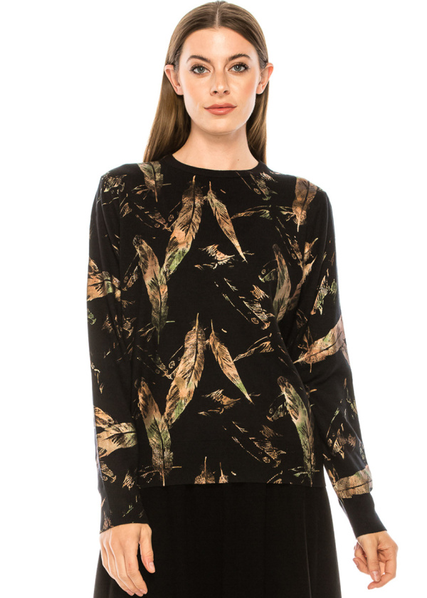 Feather print sweater in black, yellow & green