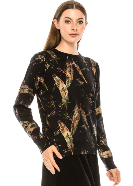 Feather print sweater in black, yellow & green
