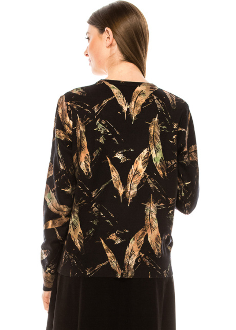 Feather print sweater in black, yellow & green