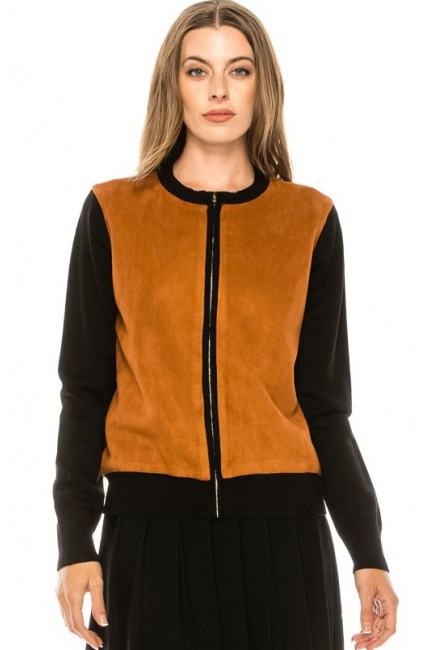 Two-colored zip-through cardigan in rust