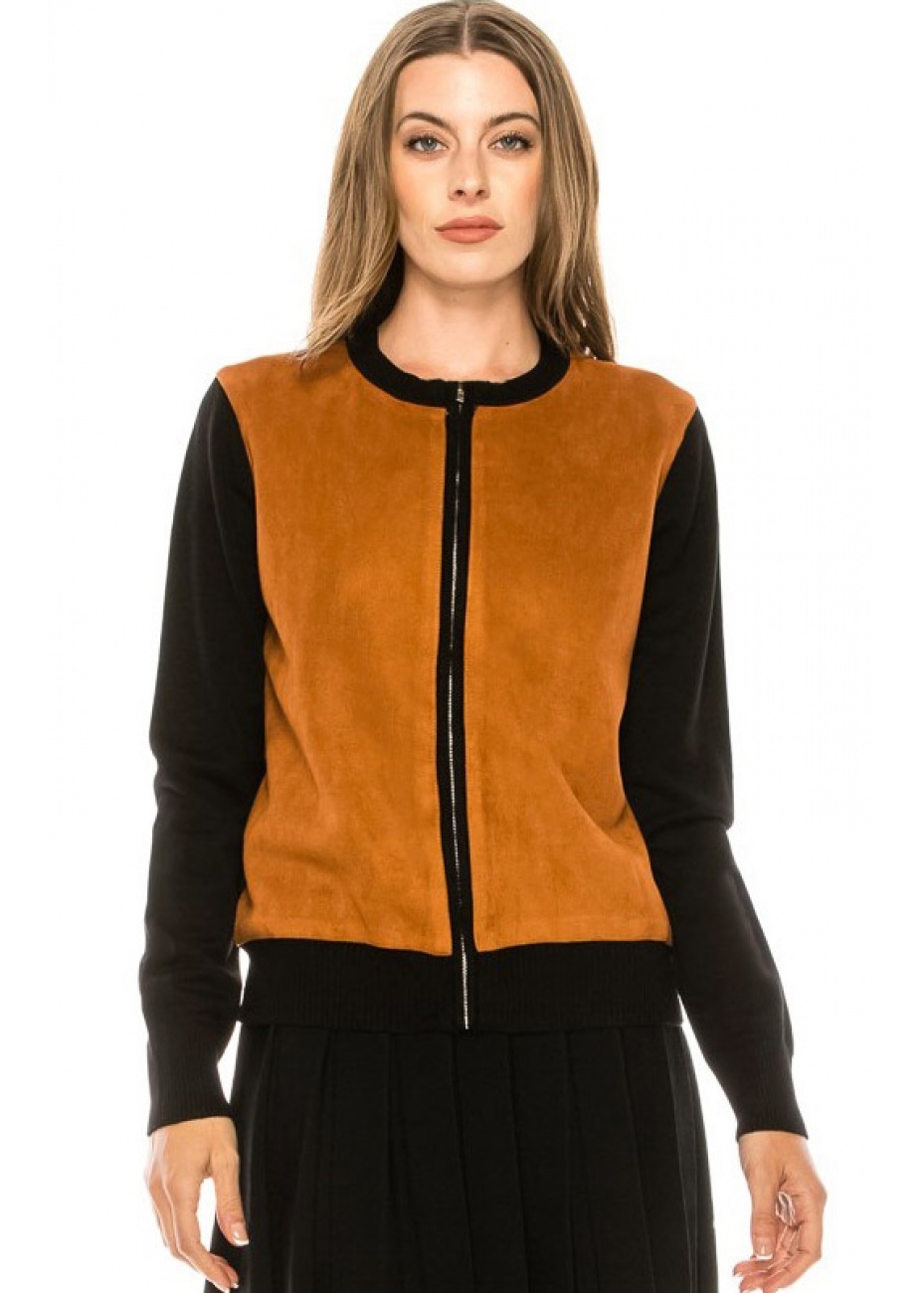 Two-colored zip-through cardigan in rust
