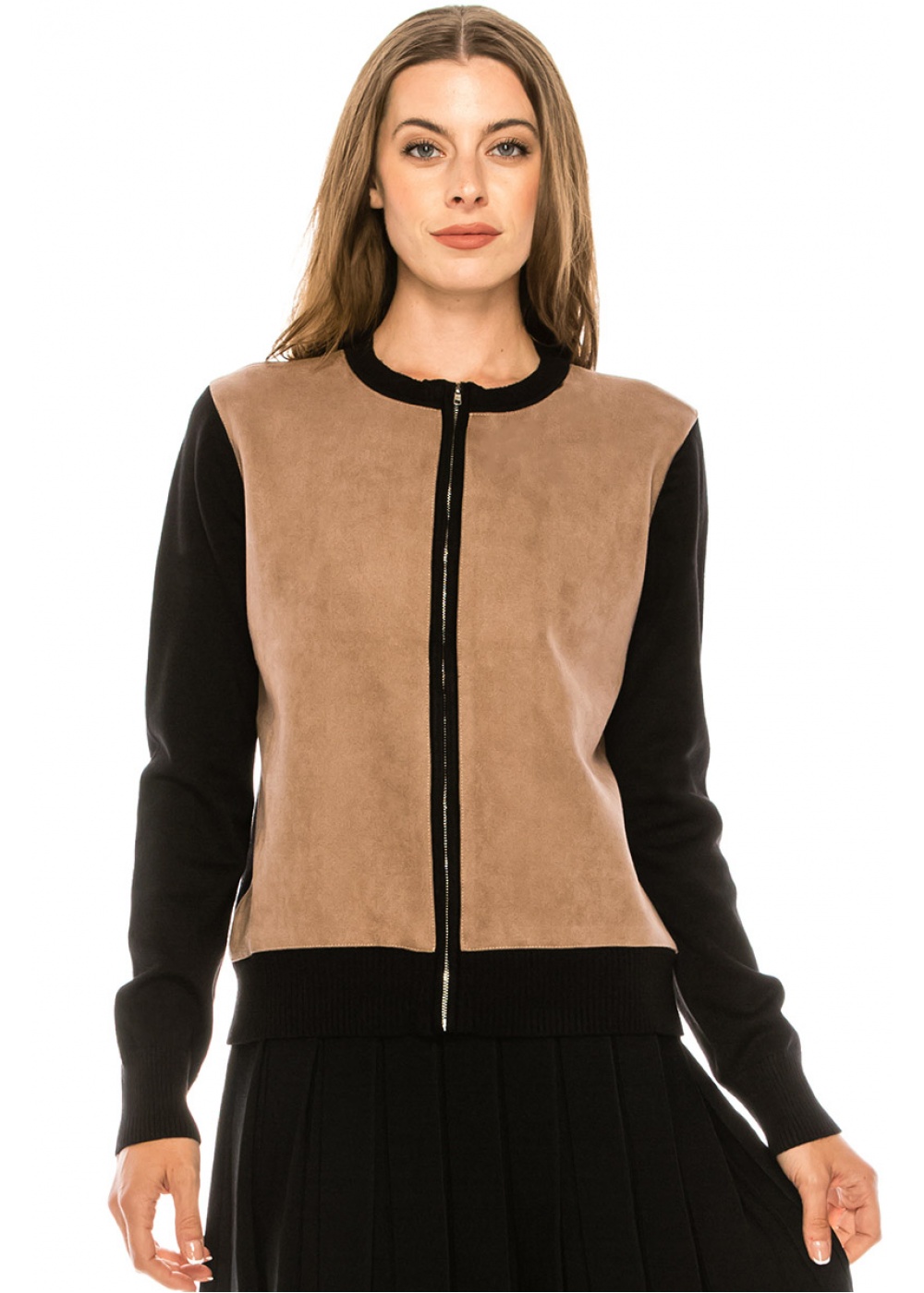 Two-colored zip-through cardigan in taupe
