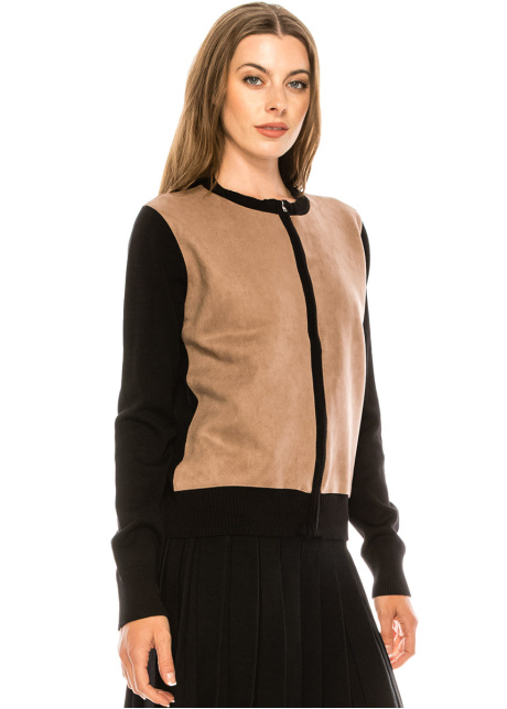 Two-colored zip-through cardigan in taupe