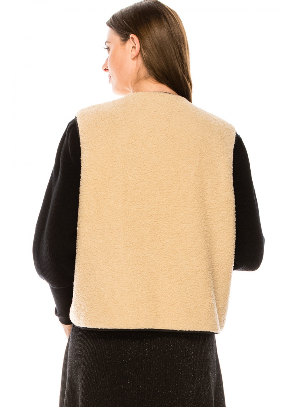 Button-through fluffy vest in beige