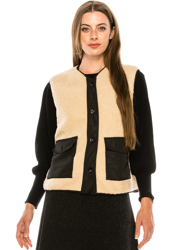 Button-through fluffy vest in beige