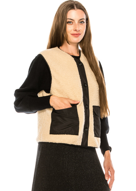 Button-through fluffy vest in beige