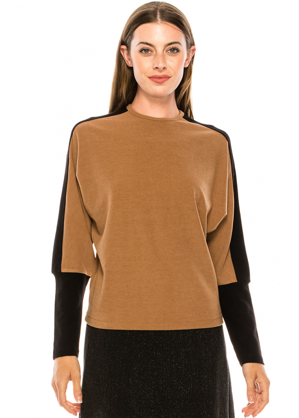 Color block long sleeve T-shirt with high cuffs (Camel)