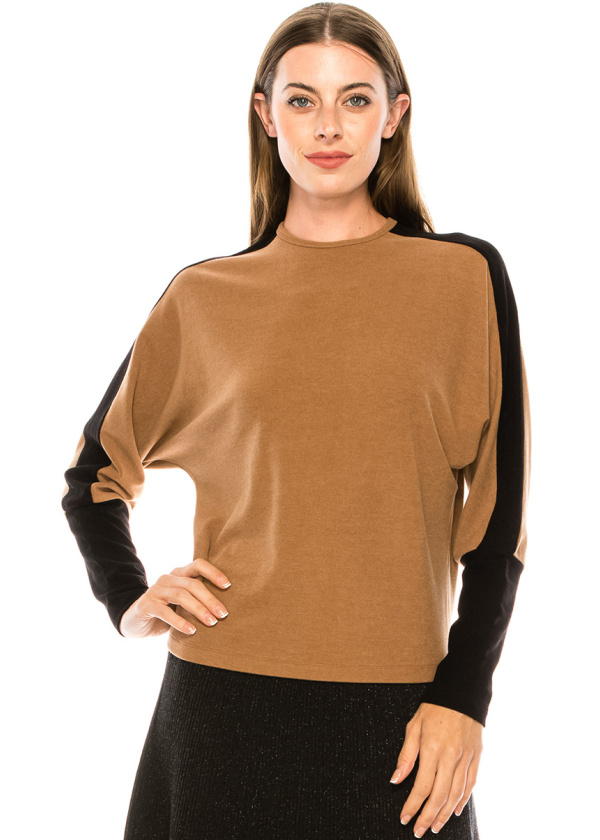 Color block long sleeve T-shirt with high cuffs (Camel)