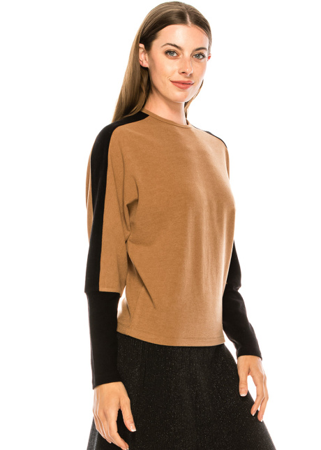 Color block long sleeve T-shirt with high cuffs (Camel)