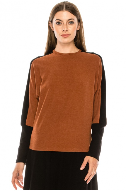 Color block long sleeve T-shirt with high cuffs (Rust)