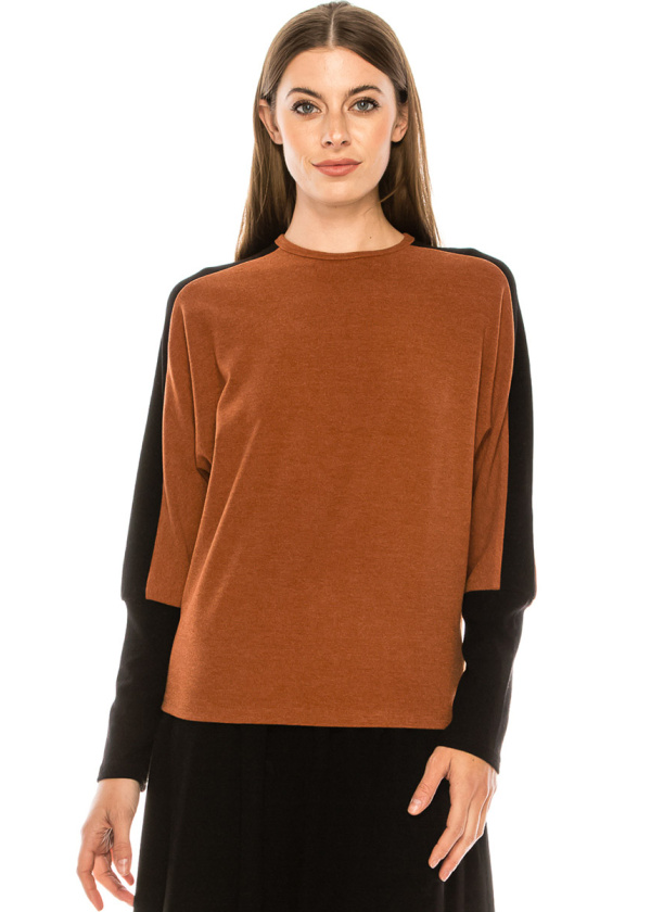 Color block long sleeve T-shirt with high cuffs (Rust)