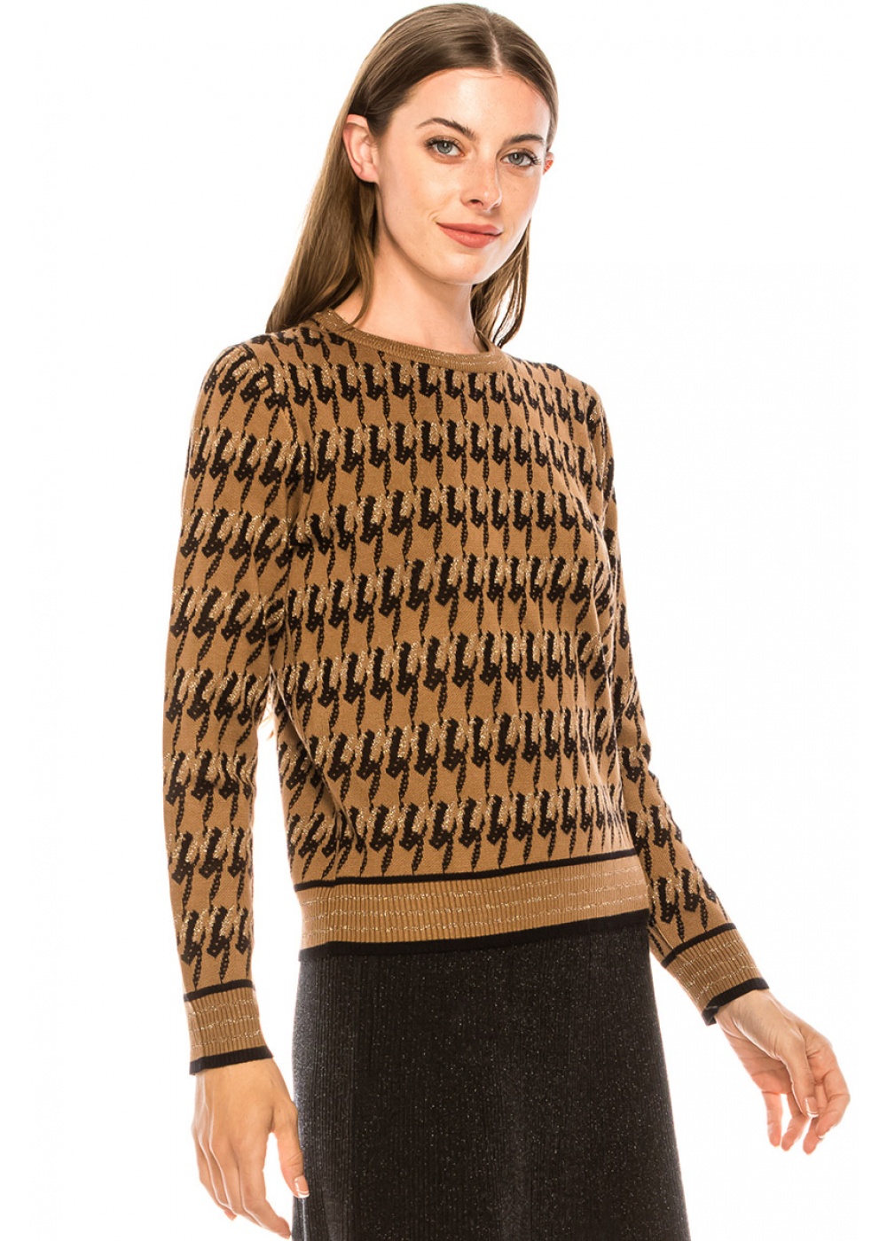 Crew neck houndstooth sweater in camel