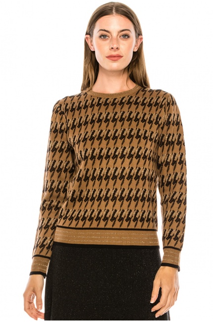 Crew neck houndstooth sweater in camel
