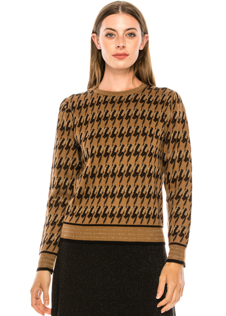 Crew neck houndstooth sweater in camel