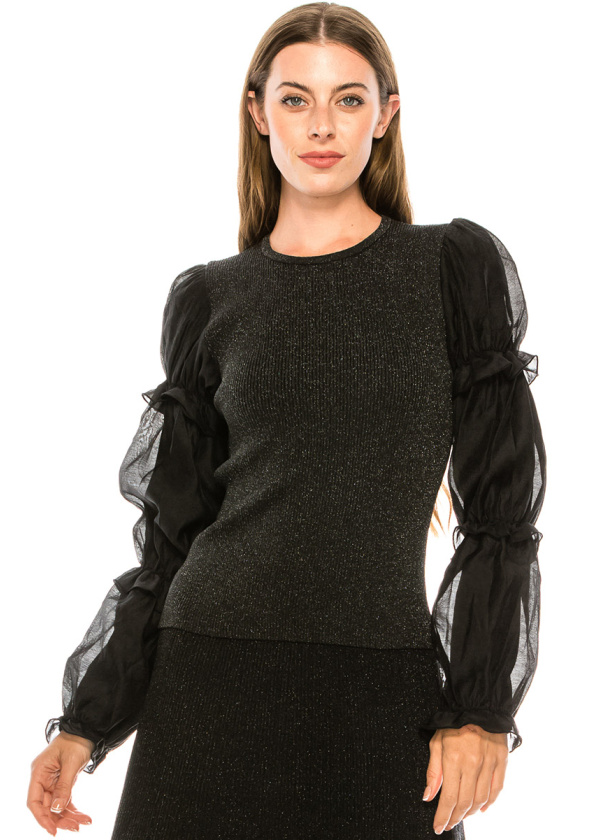 Black lurex sweater with two-layered poet sleeves