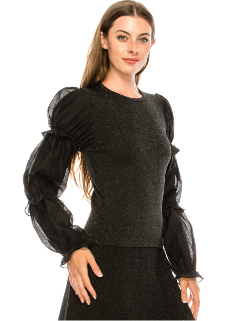 Black lurex sweater with two-layered poet sleeves
