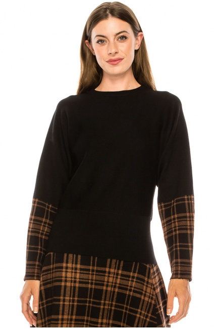 Black sweater with plaid printed accents