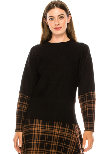 Black sweater with plaid printed accents